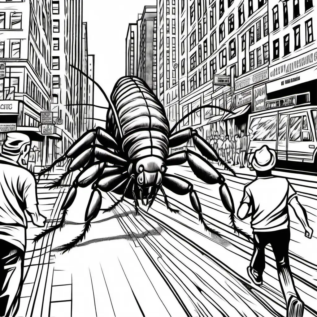 giant monster cockroach chasing people in streets of NYC, dark lines, coloring pages for adults