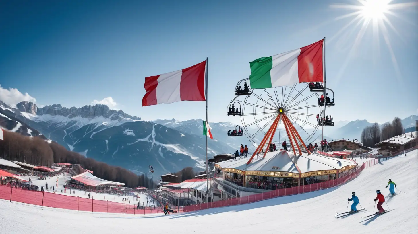 an italian ski resort with a carousel at the bottom of ski lift and skiers heading down hill and italian flags