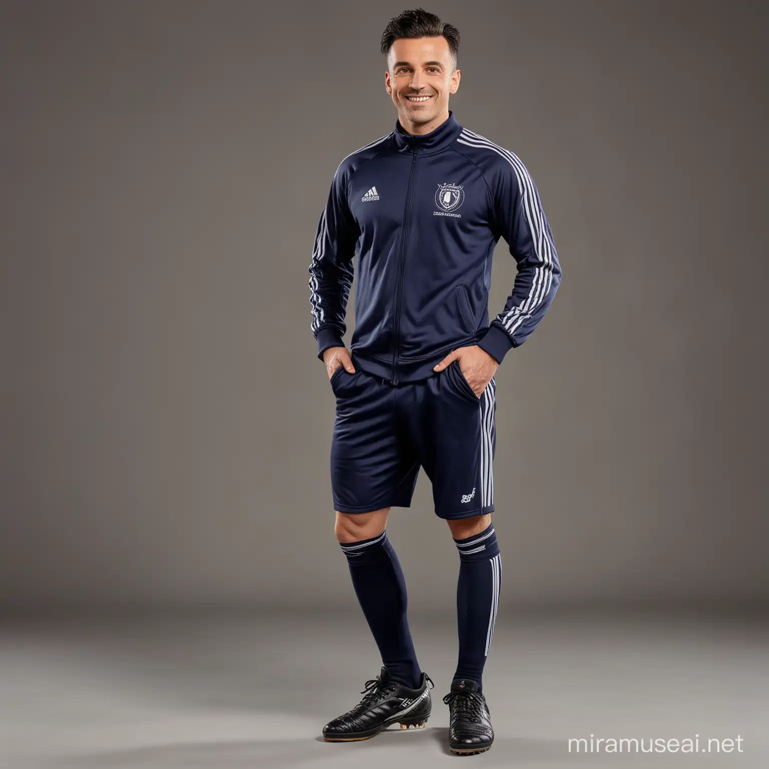 Smiling Male Soccer Official in Navy Blue Tracksuit and Black Boots