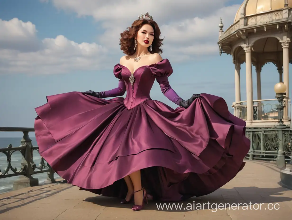 Elegant-Queen-in-Burgundy-Satin-Dress-by-the-Sea