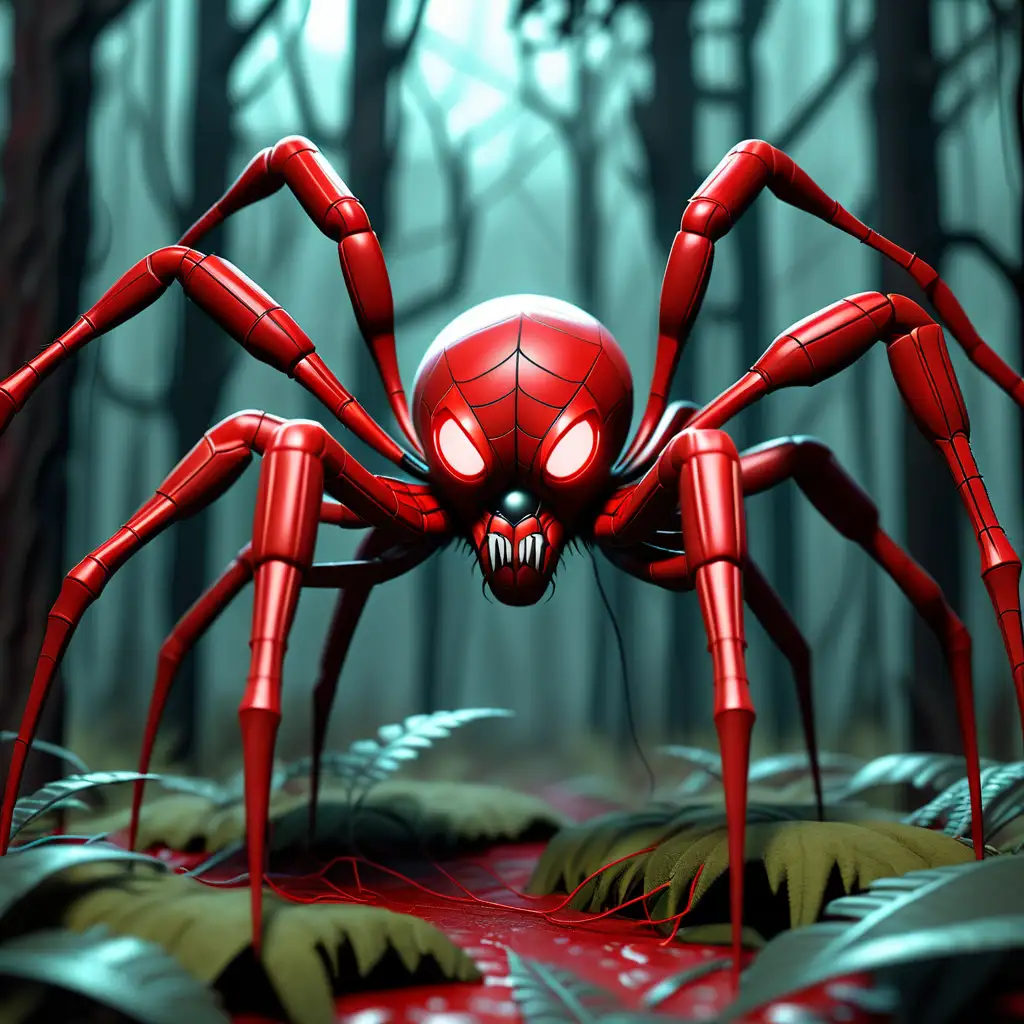 make a picture. foreign cyberpunk spider. in the middle of the forest. red. 10K HD image quality.