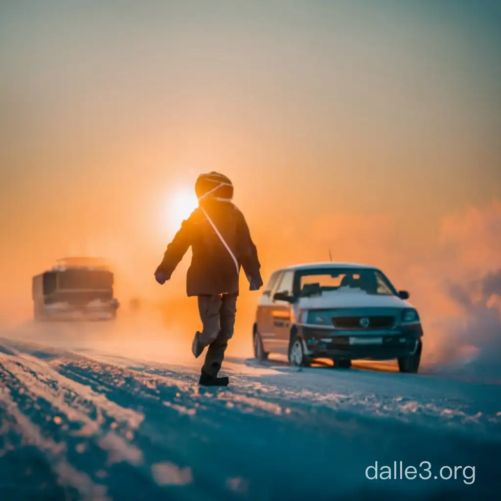 Snow chaos hit Sakhalin, frosty fog, outside frost minus 60 transportation and people, photo, 8k