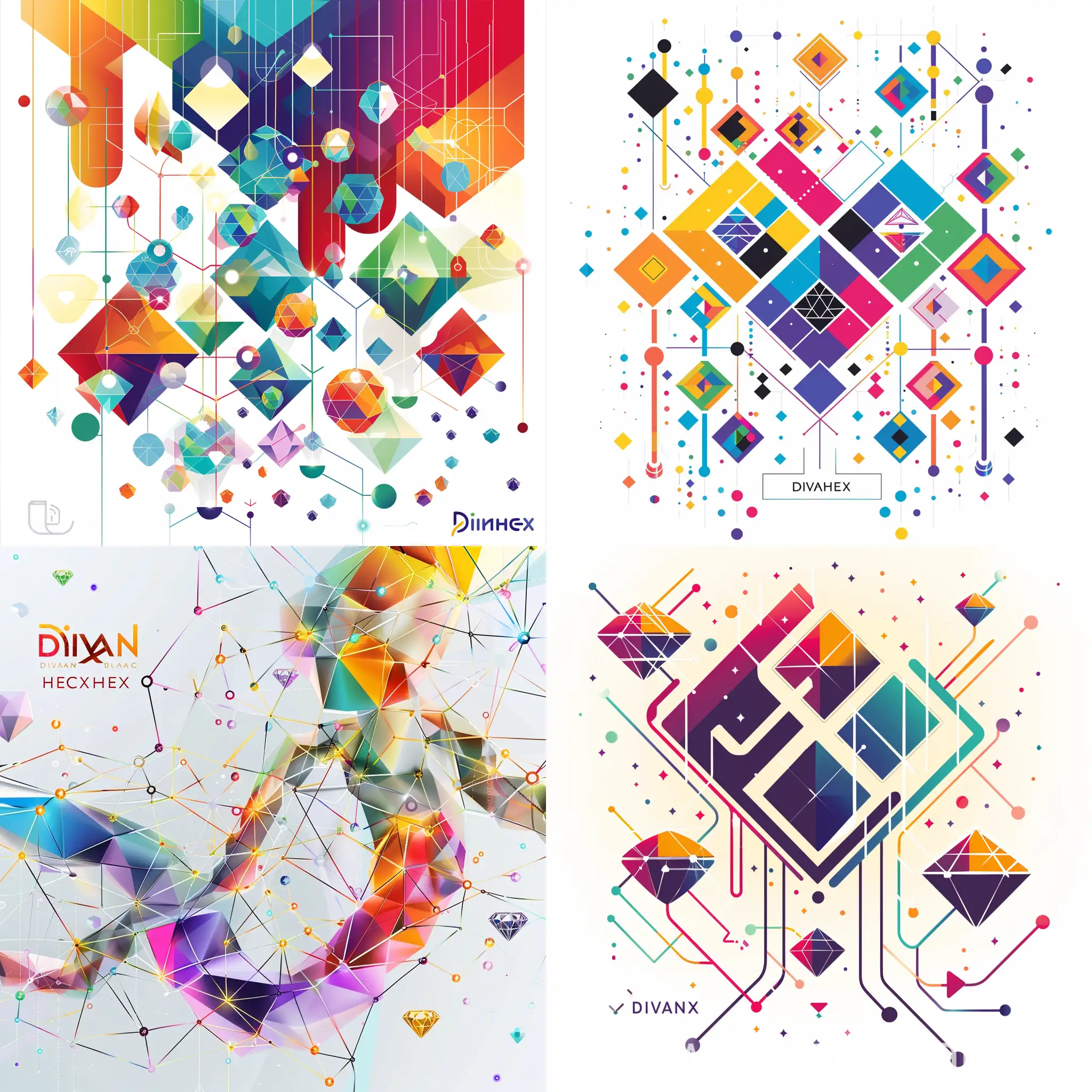 Abstract, geometric shapes, connected network, colorful, modern, diamonds (as a geometric shape), tubes representing flow, DivanHex (combine "Divan" and "Hexagon" for a visual brand connection)