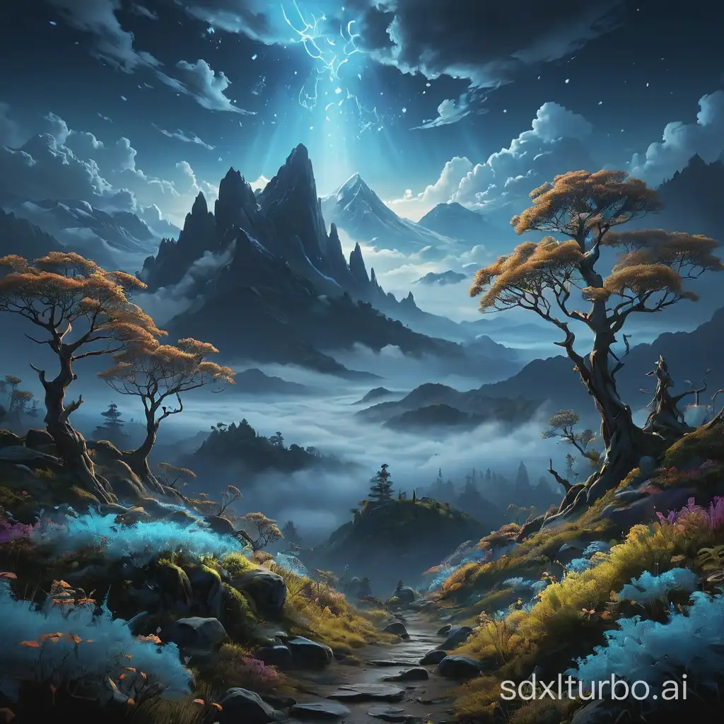 Create a surreal landscape where mountains float in a sea of clouds, with bioluminescent trees lighting up the horizon.