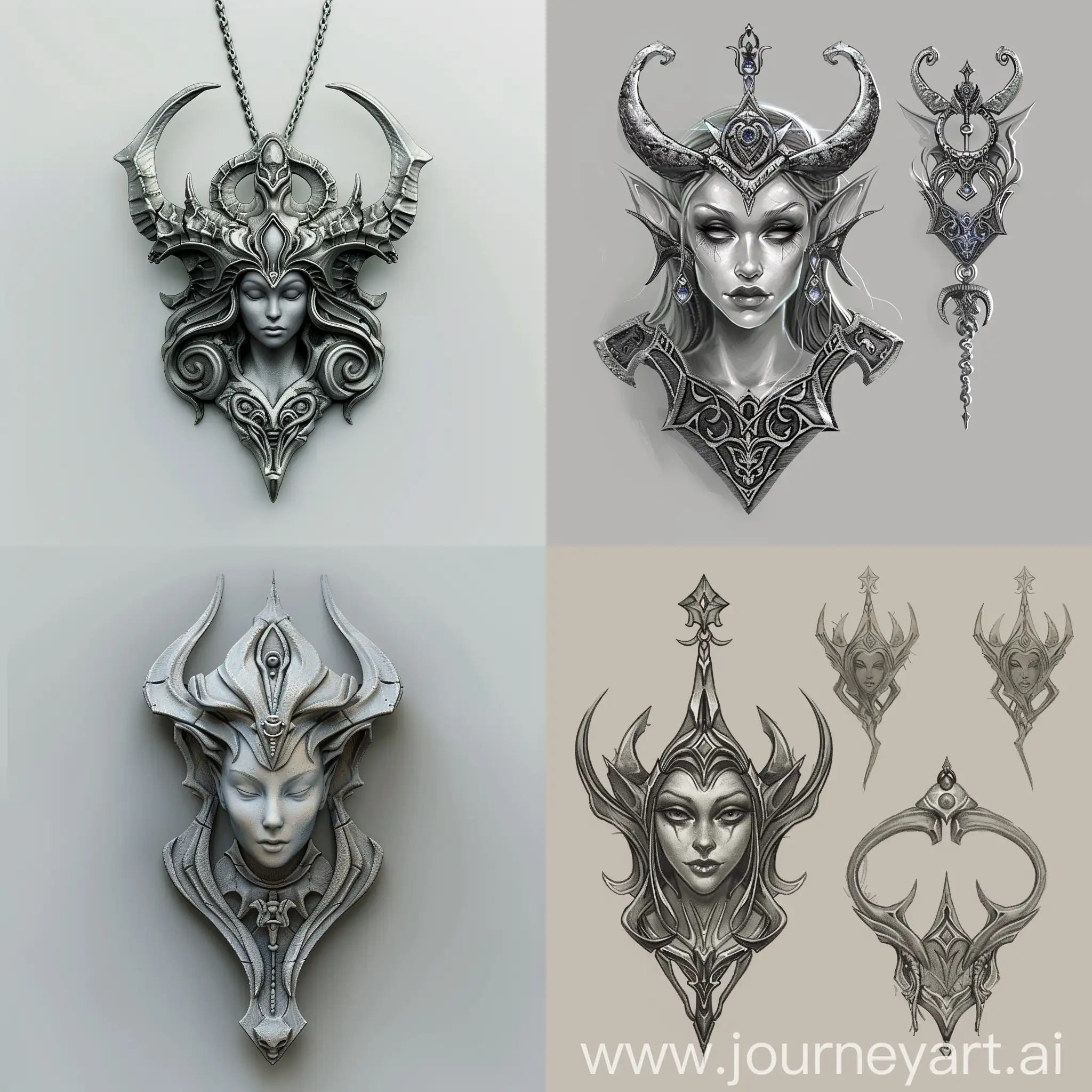 Jewelry concept art. Amulet goddess Drow. A symbol of her veneration and worship. Image is sinister and in light gray tones