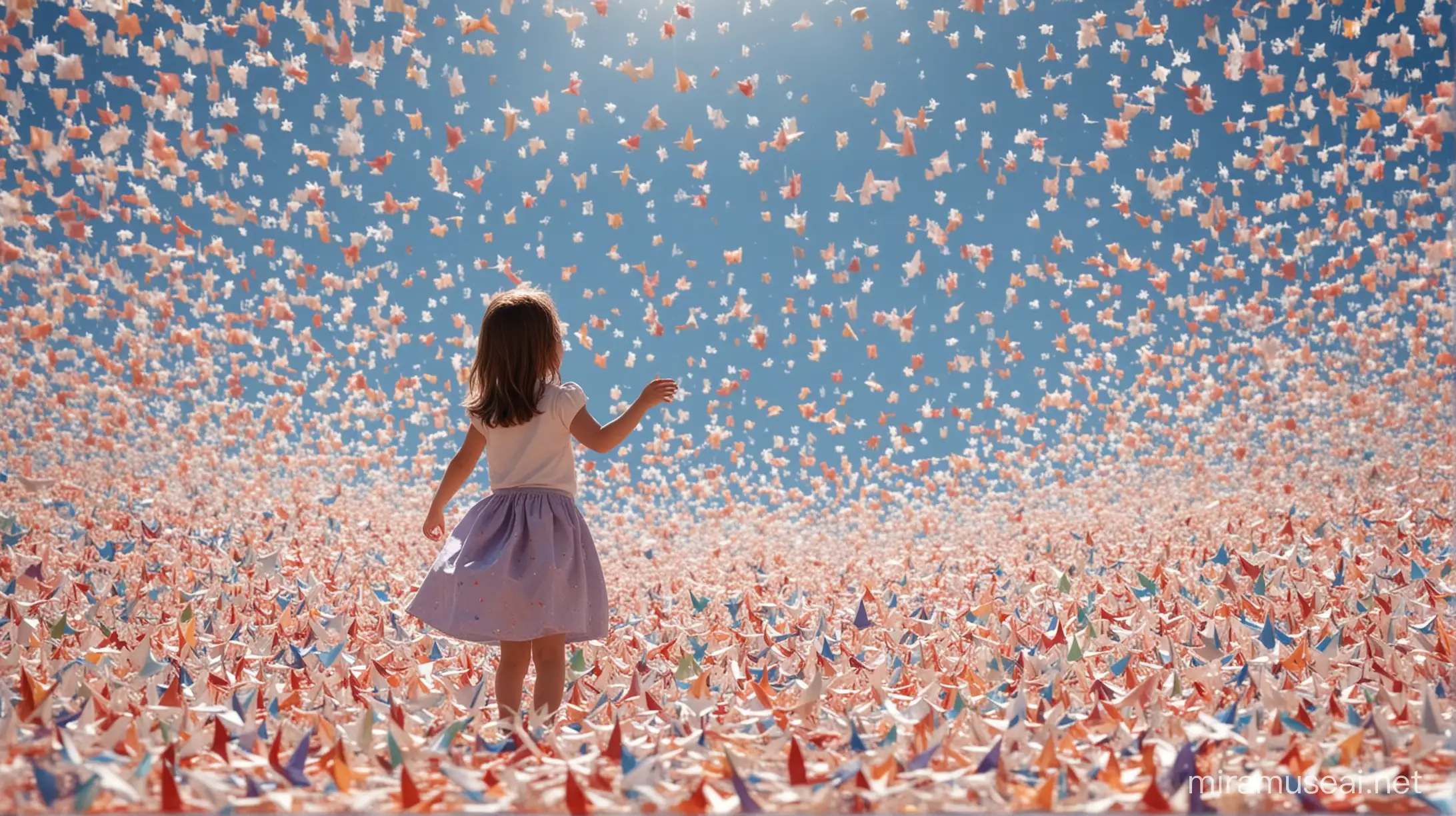小女孩骑着千纸鹤在天空中遨游