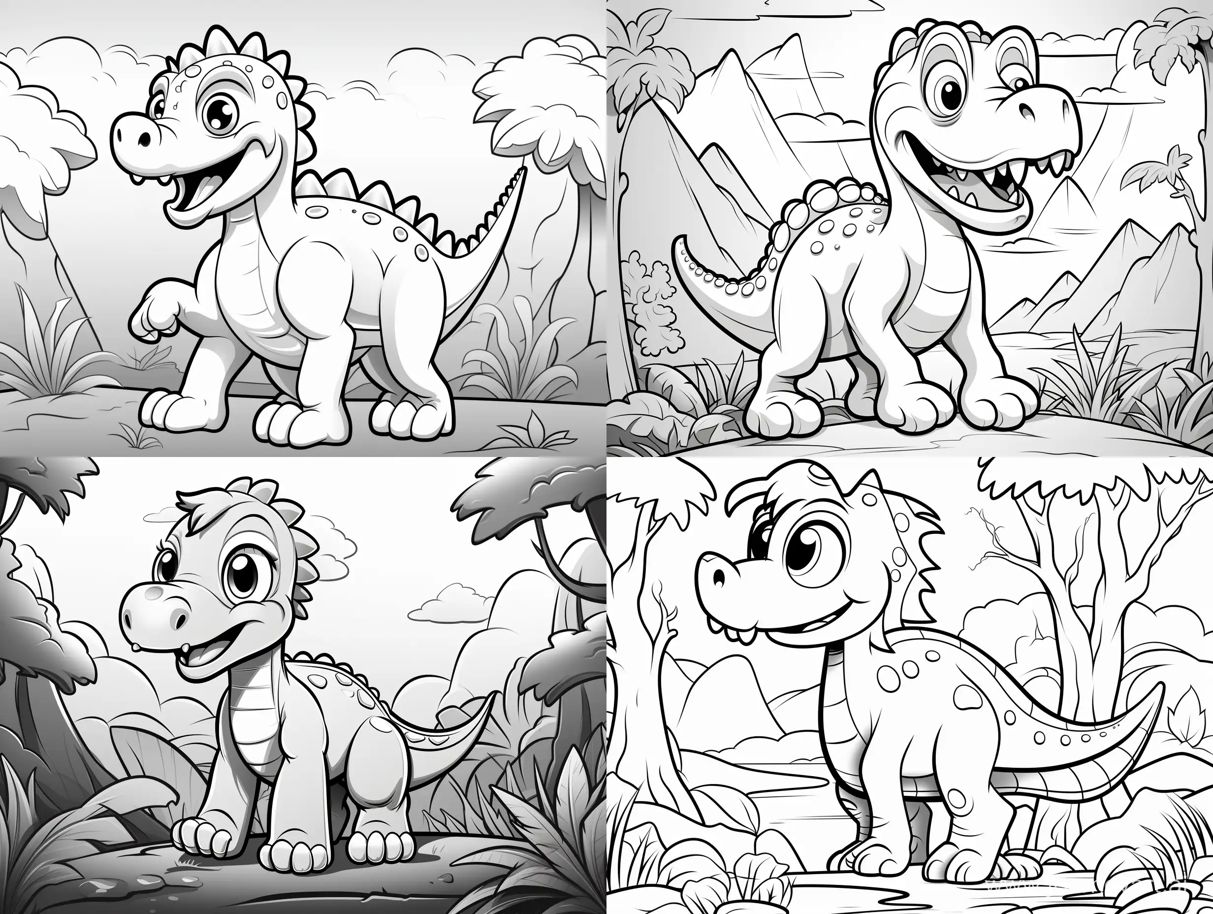 
Black and white contour dinosaur cartoon for couloring for kids age 1-4 cute