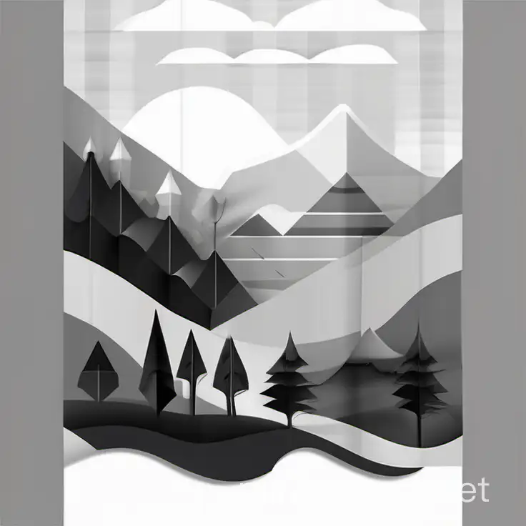Convert the image to mountains and rivers with geometric shapes black and white
