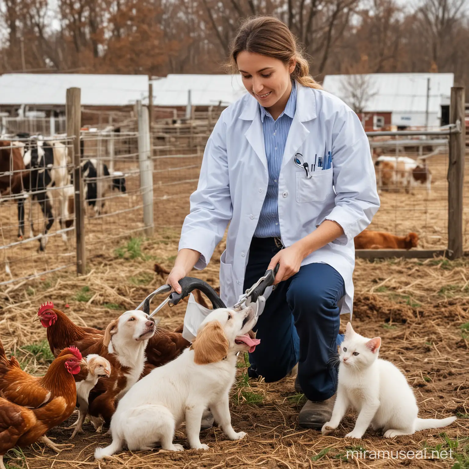 Veterinarian Treating Various Farm Animals Chickens Cows Cats and Dogs