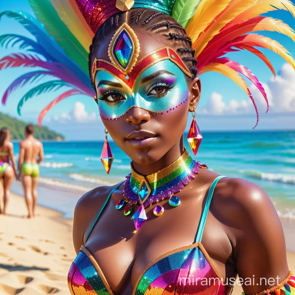 beautiful half-length african woman, costume, with rainbow crystal glitter, masquerade ball, beach party scene, surreal.hdr.