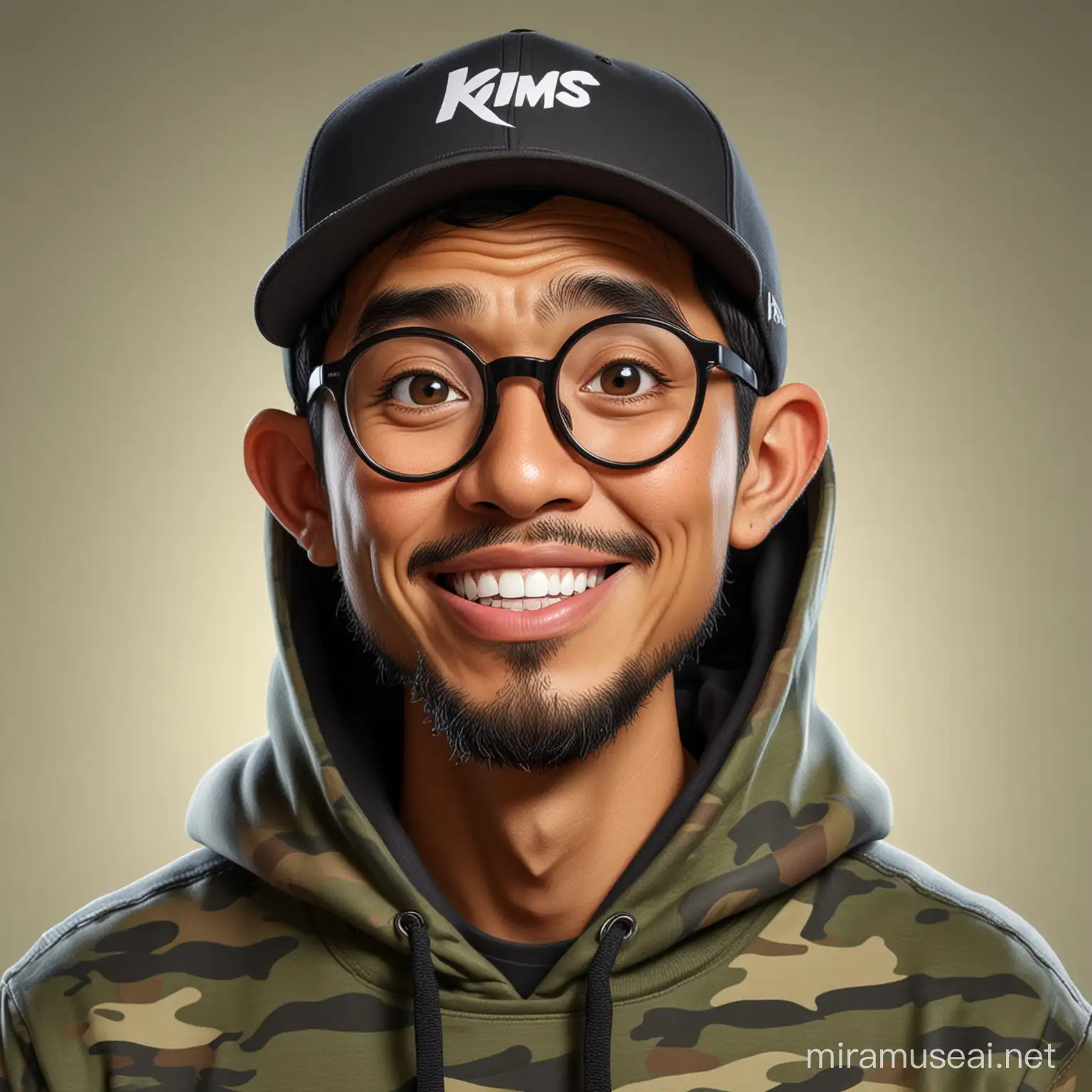 Cheerful Indonesian Man in KIMS Baseball Cap and Camo Hoodie Pixar Style Cartoon Caricature