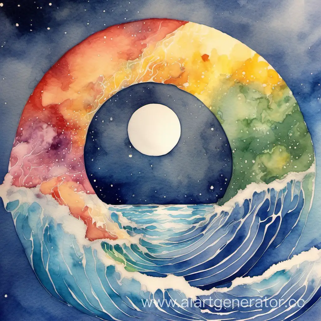 Луна и солнце образуют целое сшитые швом вместе
Оттенки цветов переходящие друг в друга
Море переходи в космос
простор
Радуга переходящая в дождь
Акварель