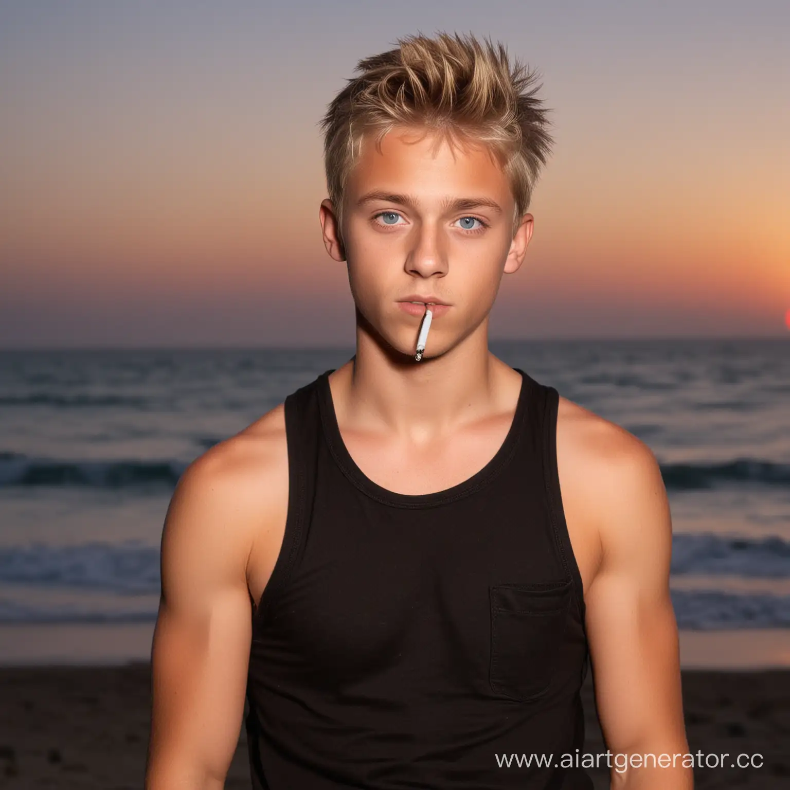 Serious-Blonde-Boy-Smoking-at-Beach-Sunset