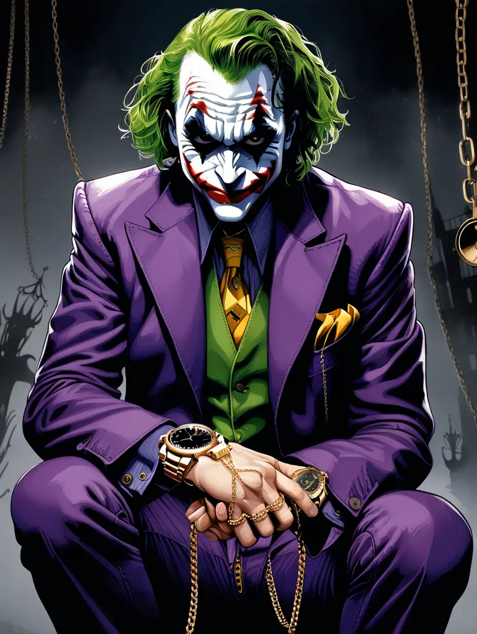 Sinister Joker Adorned in Gold Chains and Watch