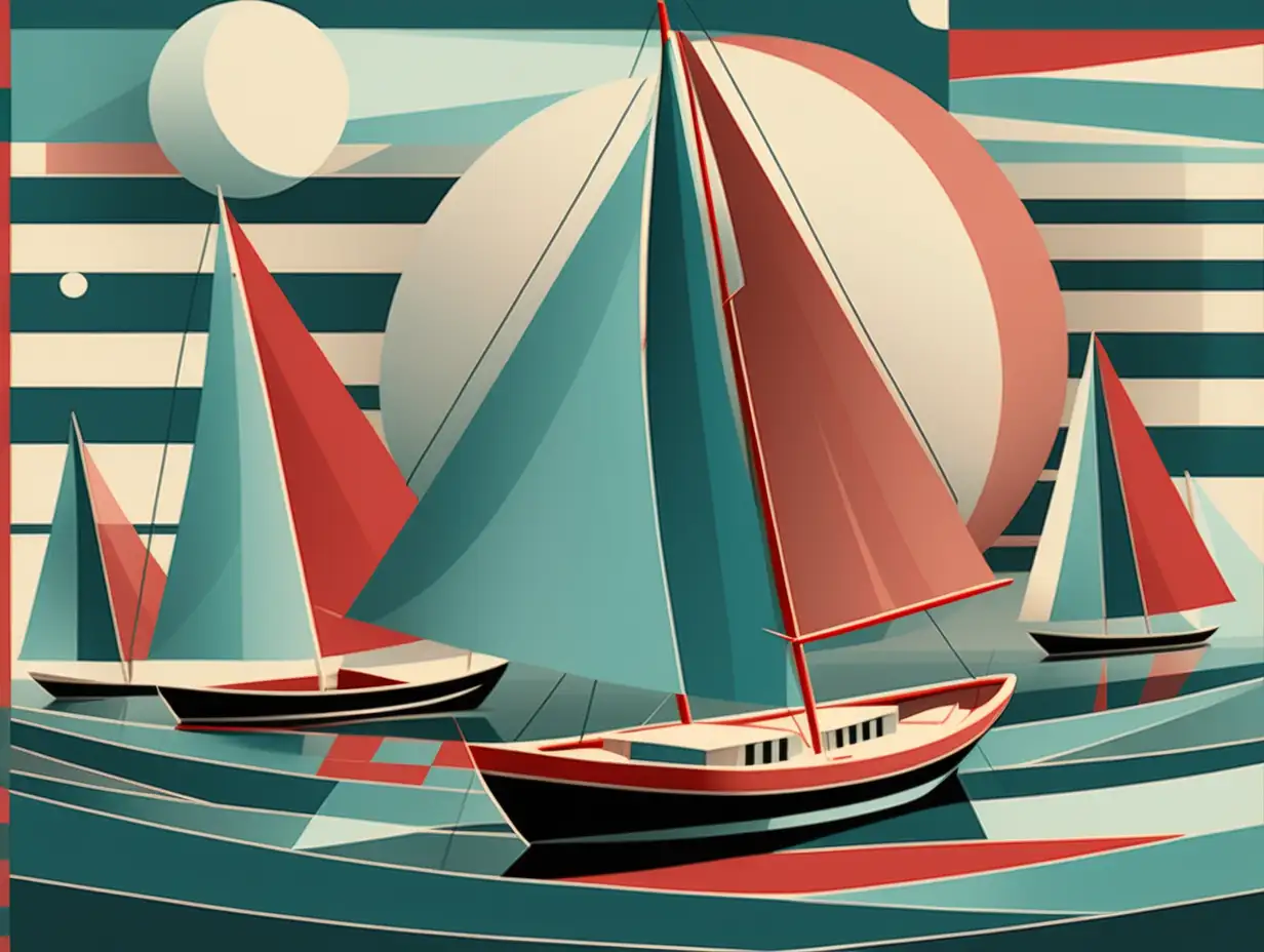 there is a sailing boat on a sea, in the style of cubist elements, vintage poster design, flat perspective, dark turquoise and light red, cyan, grid, ad posters, birds-eye-view, horizontal stripes, packed with hidden details --ar 89:128