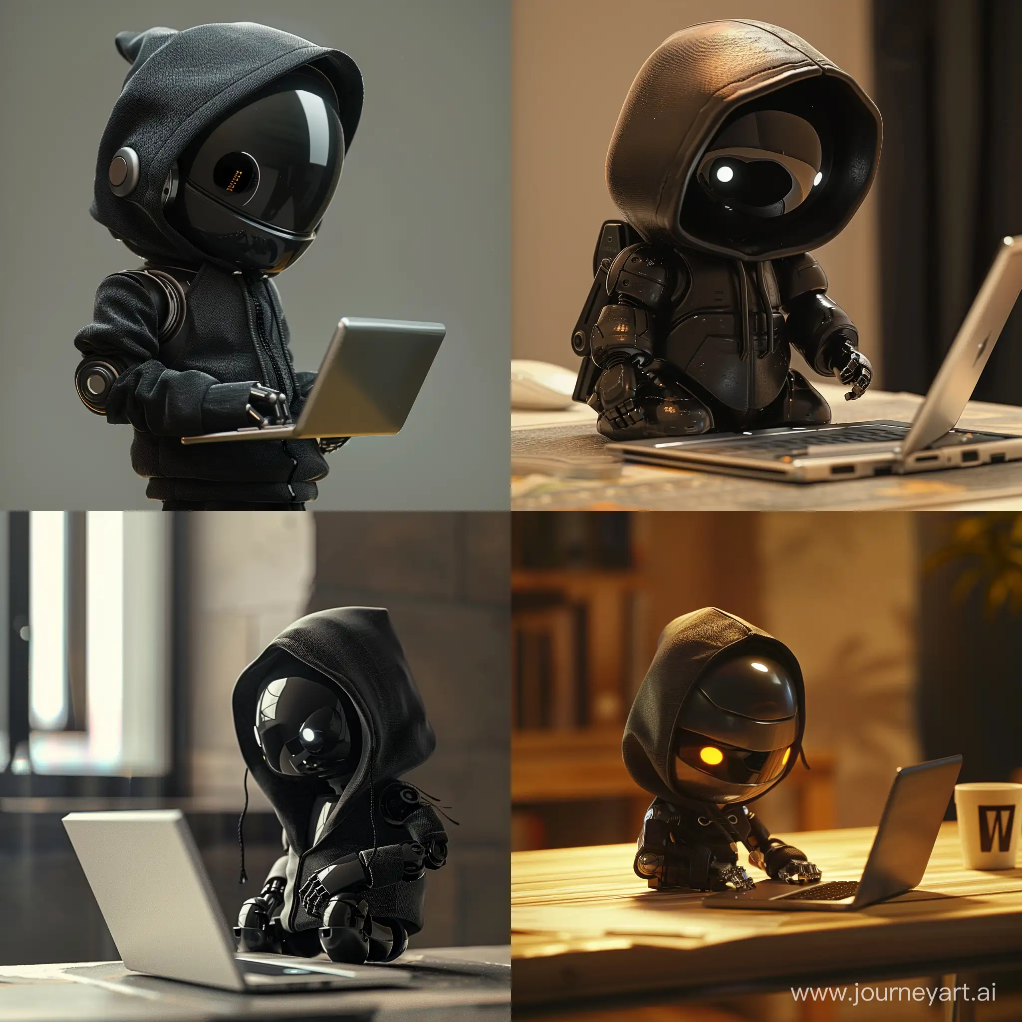 Маленький робот в черном худи и в капюшопе смотрит в ноутбук
