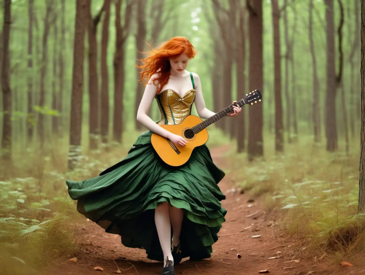 Sheets of music blowing in a forest, red-headed girl walking through the forest, dressed in layered green skirt and a gold corset, playing a guitar
