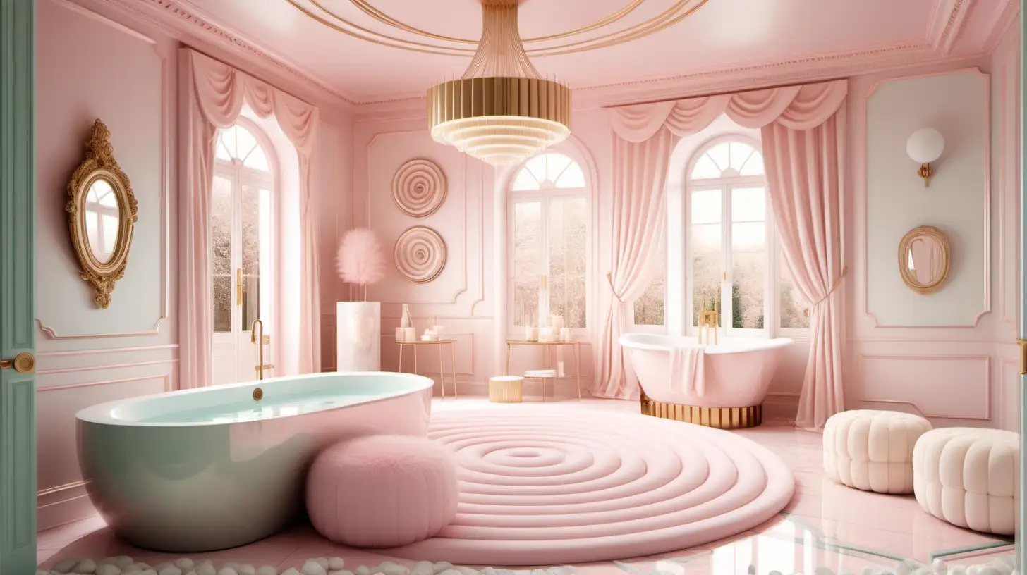 hyperrealistic image of a modern parisian estate home spa room; candyland inspired; pastel, ivory and brass colour palette
