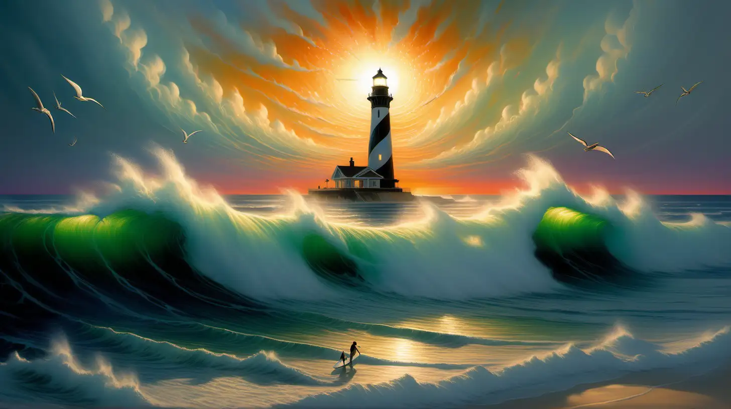 Luminous Lighthouse Harmonious Surfers Ride Radiant Waves in the Outer Banks