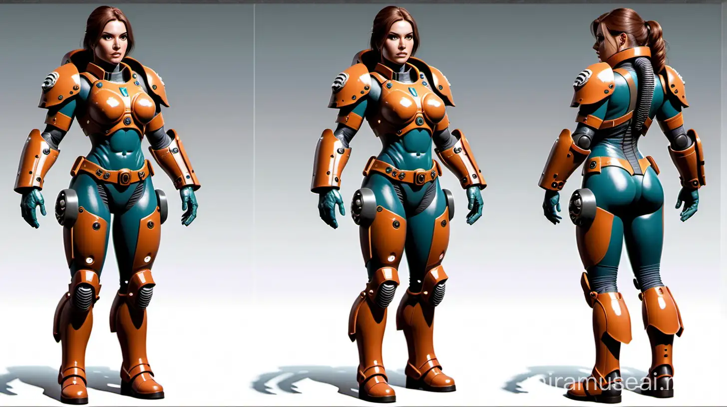 A character reference sheet, for a female space marine, with a busty body, wearing form fitting power armor, full body, turn around, front view, back view, head-to-toe, standing poses, body in frame, hard, delicate, brutal, tough, stiff, crude, octane render, highly detailed, volumetric, dramatic lighting, insanity detailed hands, anatomy illustration, flawless face, perfect face, highly detail face, flawless eyes, perfect eyes
