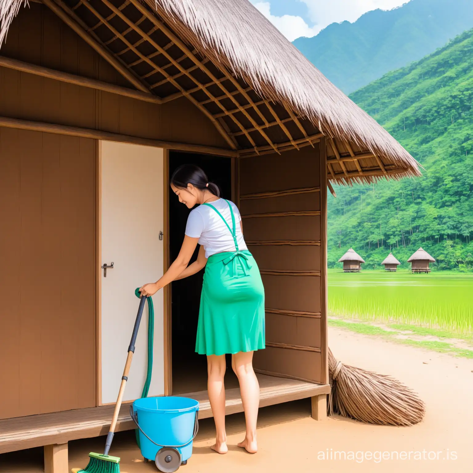 Woman-Cleaning-Rustic-Hut-with-Traditional-Tools