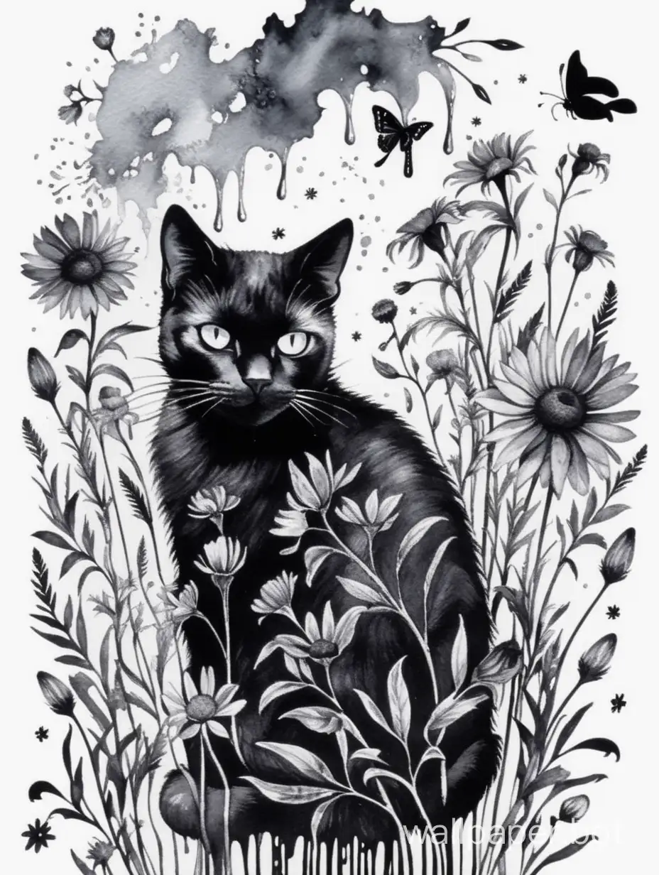 beautiful black cat head, masterpiece flourish ,  wildflowers , chaotic dripping watercolor, monochromatic stencil ,  sticker art