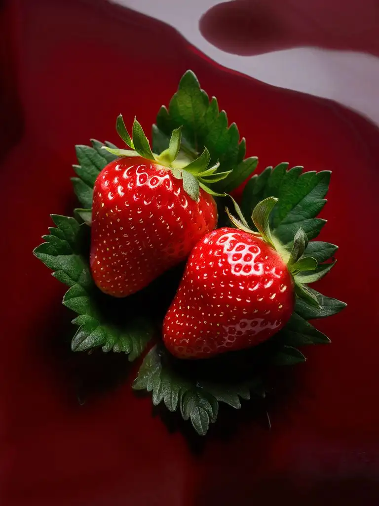 Strawberries-with-Lush-Greenery-on-Rich-Dark-Red-Backdrop
