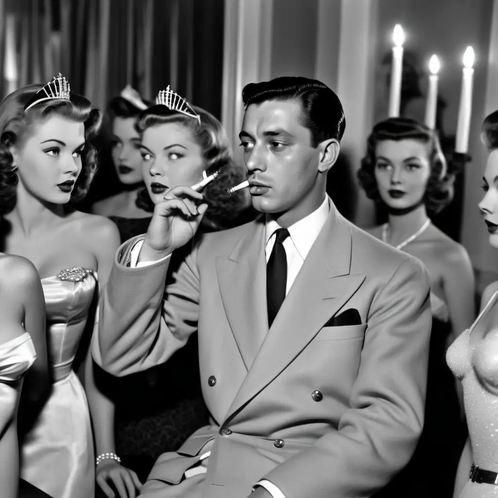 1950年代的照片 一个豪华内饰的豪宅中一个年轻的独裁者在抽烟 他的身边有许多漂亮的美女 