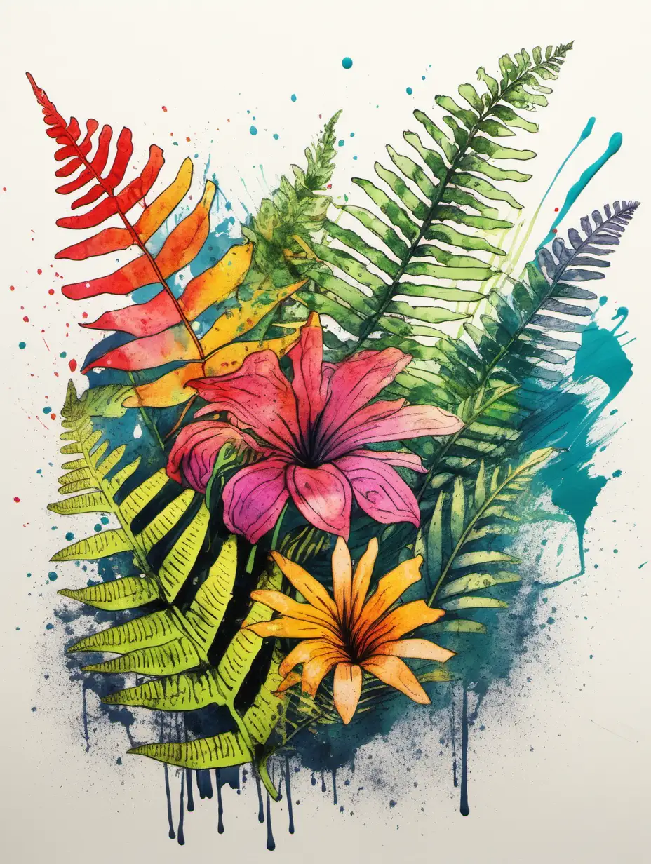 Vibrant Floral and Fern Sketch with Paint Splashes