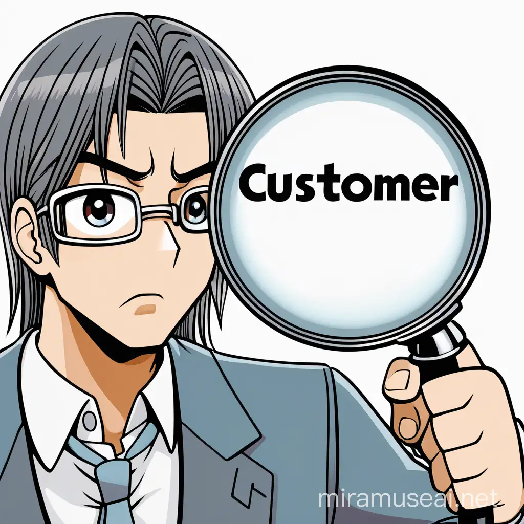 Hand holds a magnifying glass focused on the word customer in Japanese manga comic style