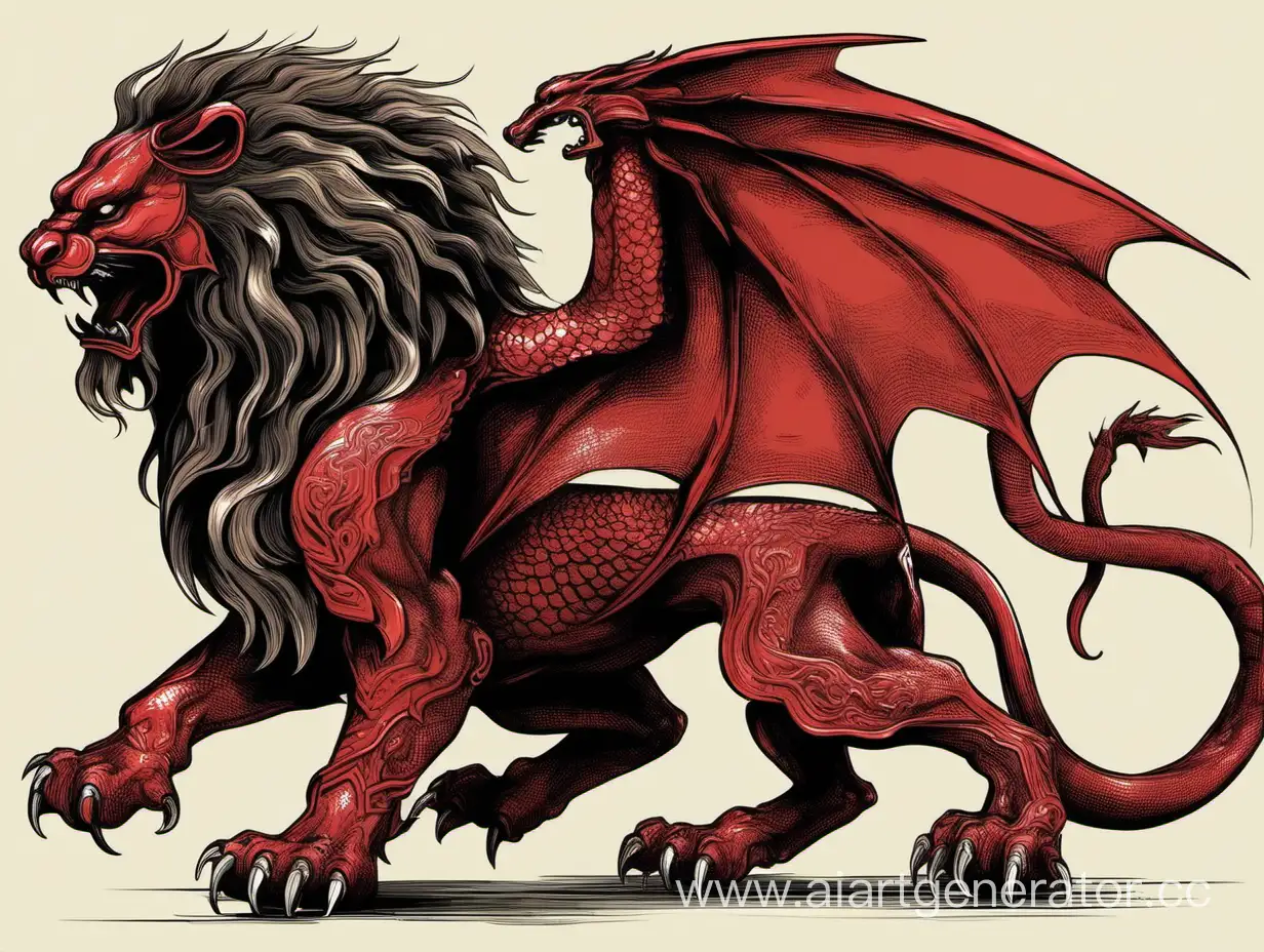 Лев-Дракон в похожий на химеру, в европейском стиле, агрессивный, немного красного цвета, больше черного.
