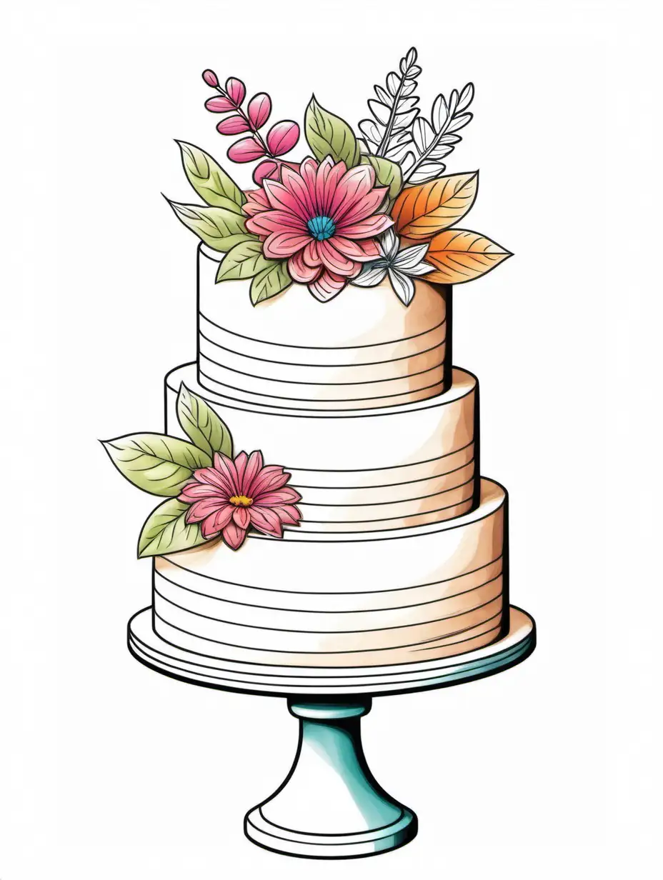 Create an adult illustration , cake, flower, clean  lines, minimalist style,vivid colour, low detail, for an elegant sophisticated cake,  colouring page white a white background