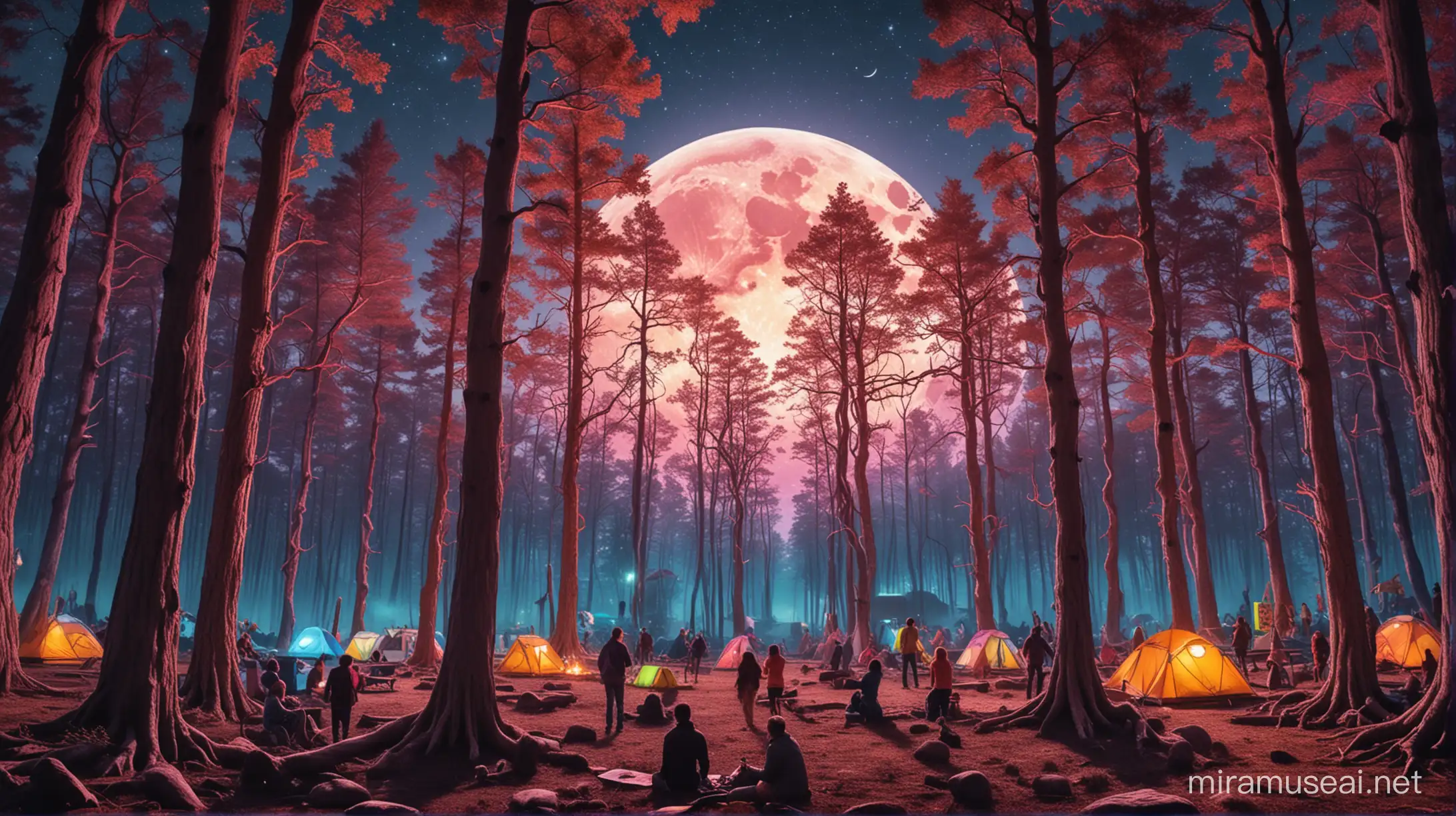 Full moon, coloured sky, forest, twisted trees, psychedelic mushrooms, dance festival, people dancing, camp fire, Strong psychedelic colours, PA speakers, stage, small strange animals, 