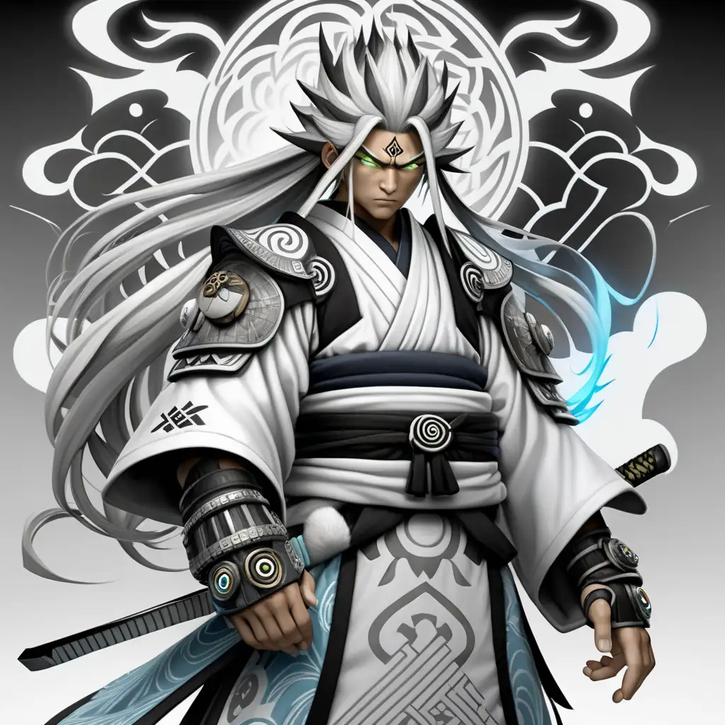 high definition simulation of a video game world boss character creation screen with cyberpunk Samurai ninja,Air Bender Jinjuriki with armored robe and cloud symbol eyeballs With glowing elemental wind fists wearing a beautiful wind kimono with white Silver black and white sacred geometry and armored shoulder guards with large spikey cloud hair With glowing magic fists wearing a beautiful flowing wind kimono with whites ivory Japanese clouds black and grey whites grays and light colors sacred Cloud geometry and armored shoulder guards gourde 