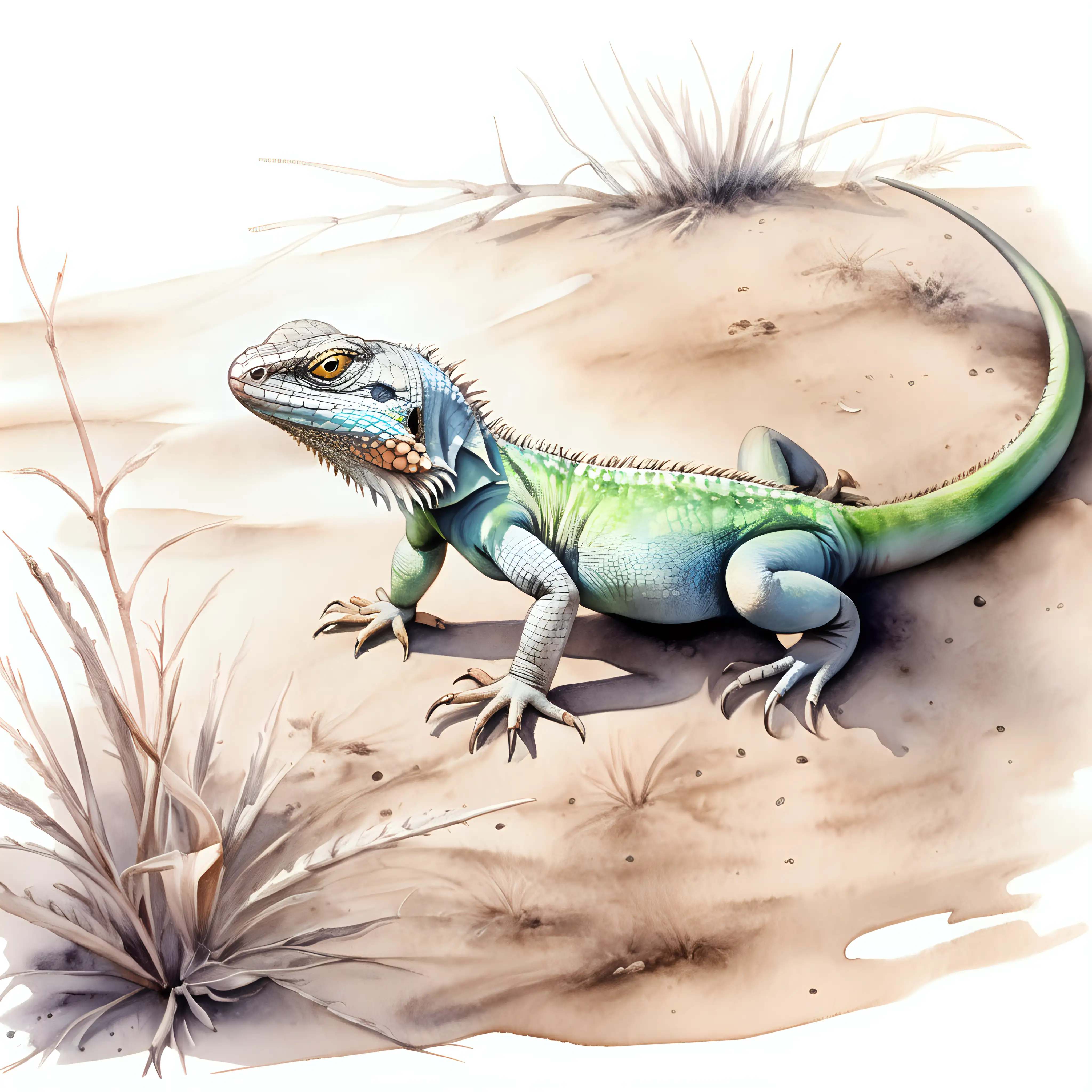 Dark Watercolor Drawing of a Lizard Crawling on the Ground