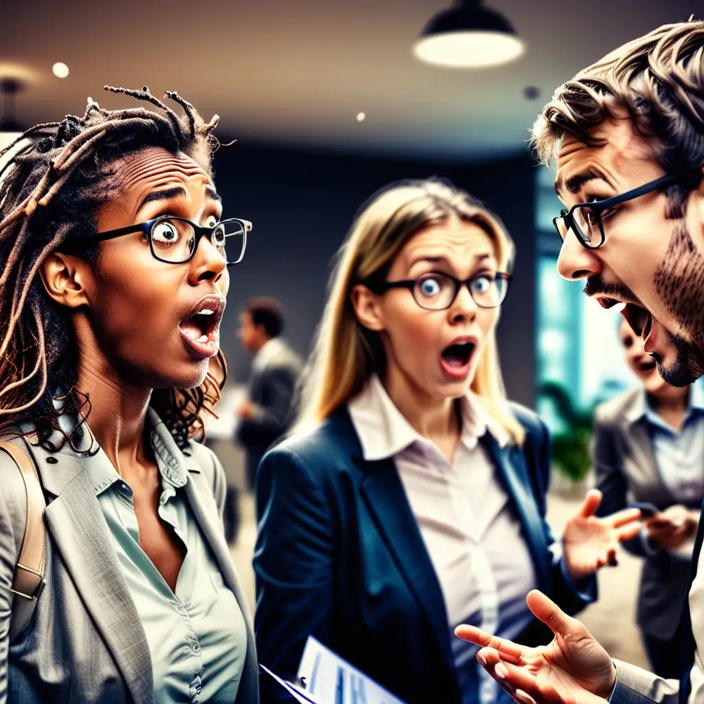 Surprised Networking Moment with Crowd in Background