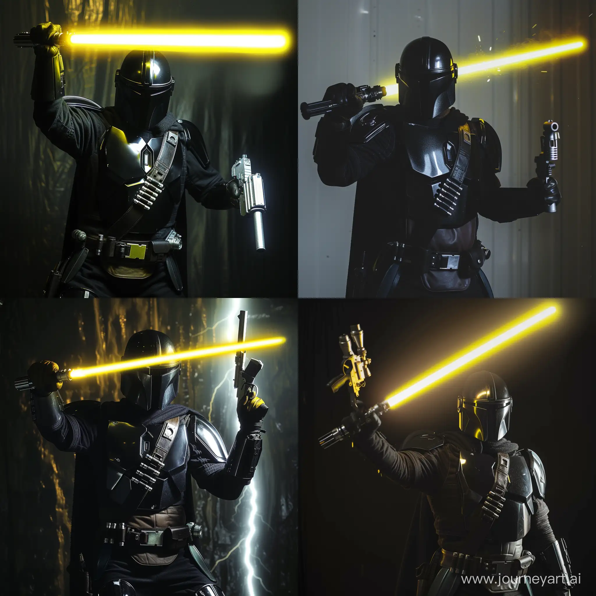 A man in black matte Mandalorian armor, a yellow lightsaber in one hand, a silver future pistol in the other hand, light and darkness behind