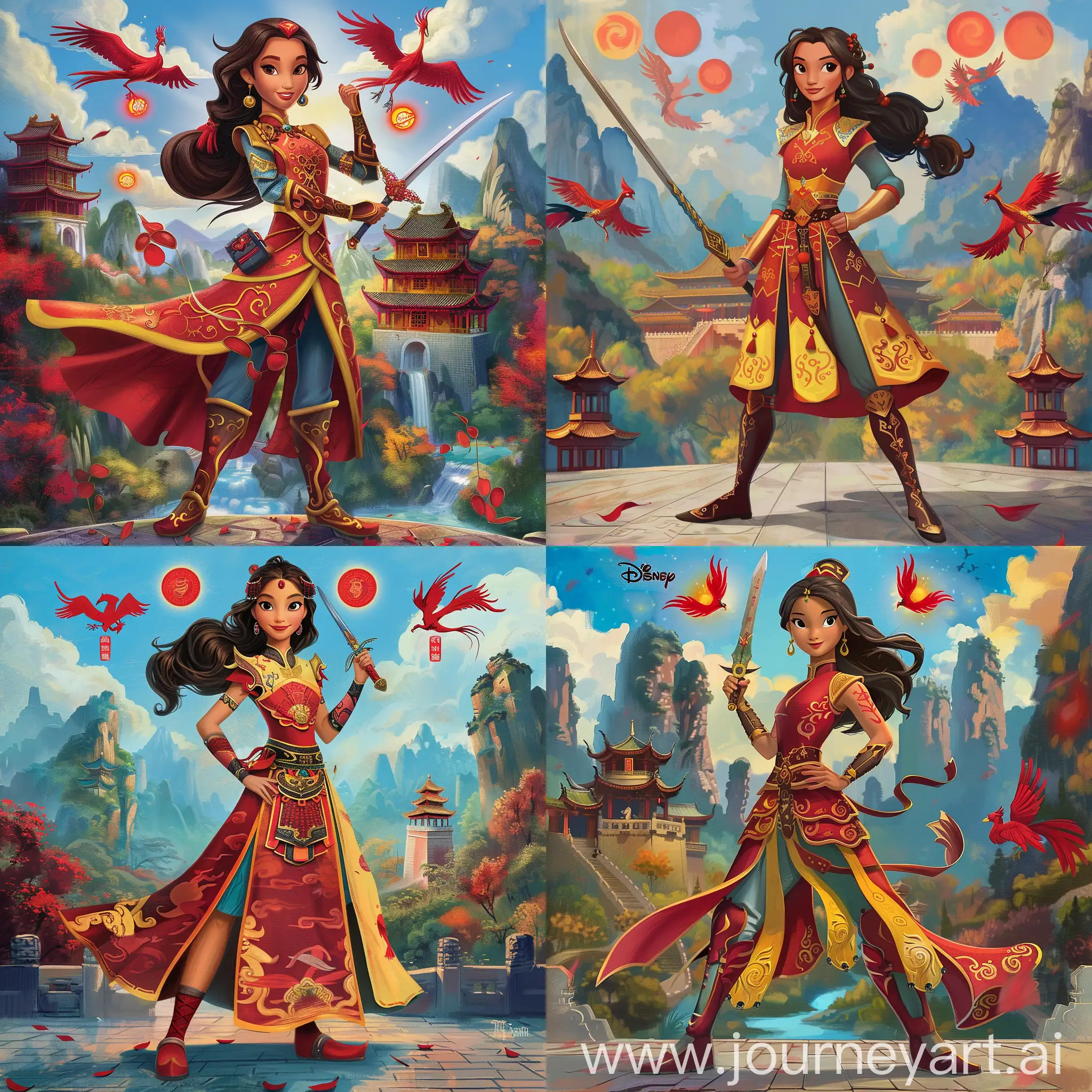 Historic painting style:

a Disney Spanish Princess Elena, from Elena of Avalor cartoon, she has dark brown long hair, she wears deep red and yellow color Chinese style medieval armor and boots, she holds a Chinese sword in right hand, 

Chinese Guilin mountains and temple as background, red phoenix and three small red suns in blue sky.