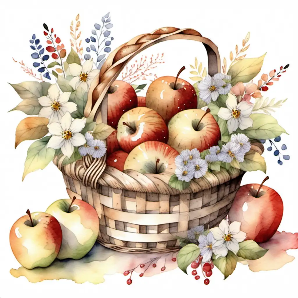 watercolored basket with apples flowers and bread beatiful art
 
