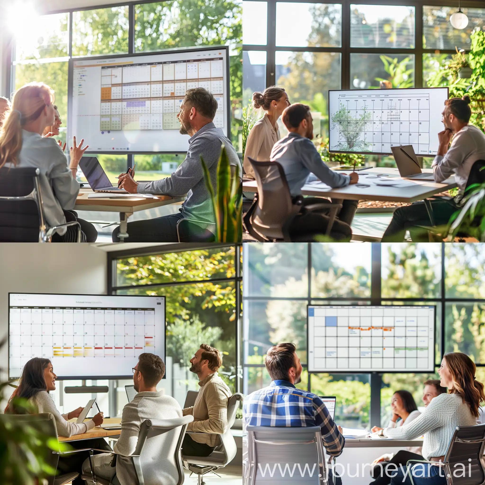 happy people sitting in office room planning their project activities with virtocalendar, on a big screen, men and women, light room, sunny, greens outside, positive atmosphere