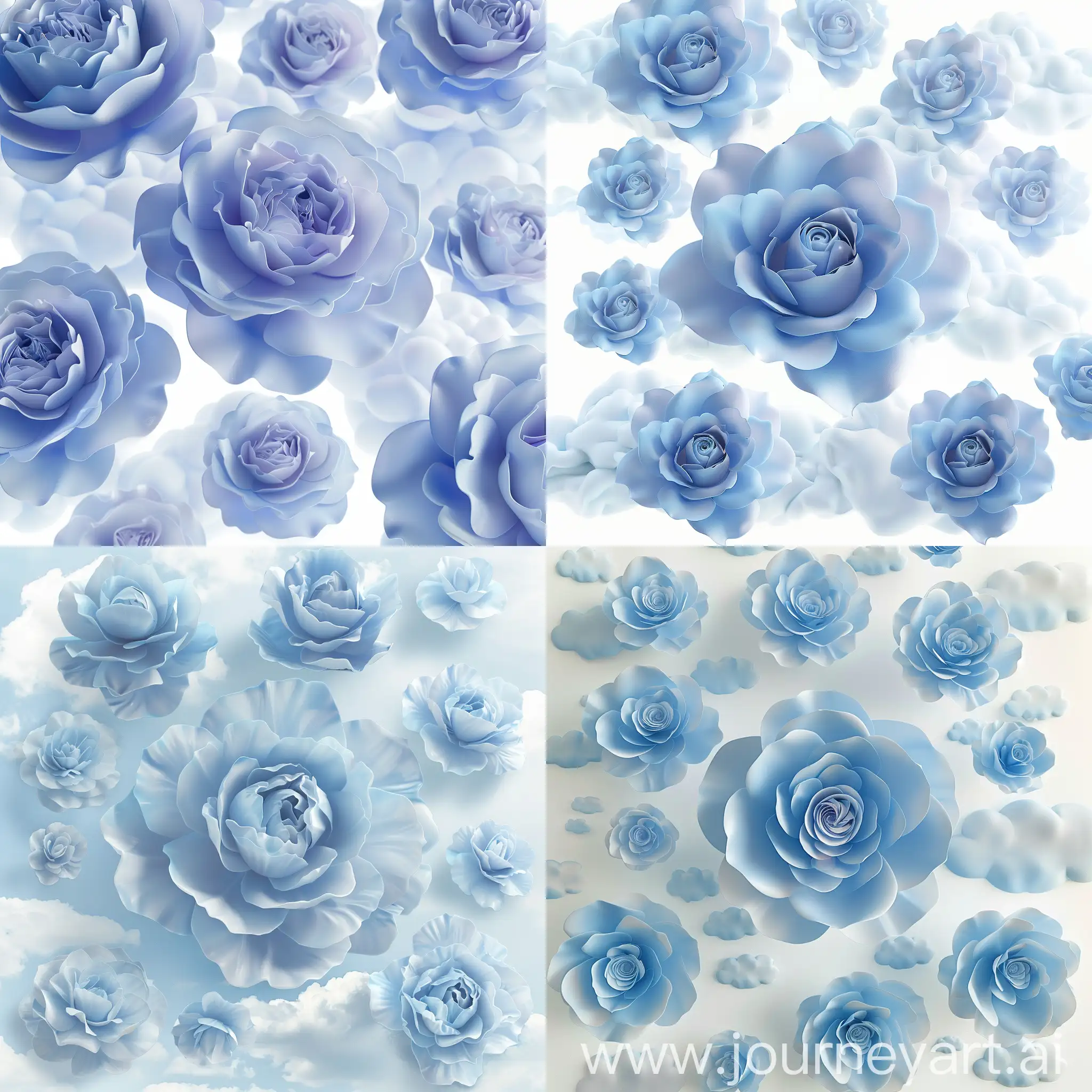create a photo 3D gentle blue roses, soft blooming petals, very large flowers, each petal clearly detailed, used as a collage background for wedding photos, soft realistic flowers, clusters of many flowers, petals flexible flowers, capable of being isolated on a white background, , the petals must be soft, large, and soft and floating like clouds