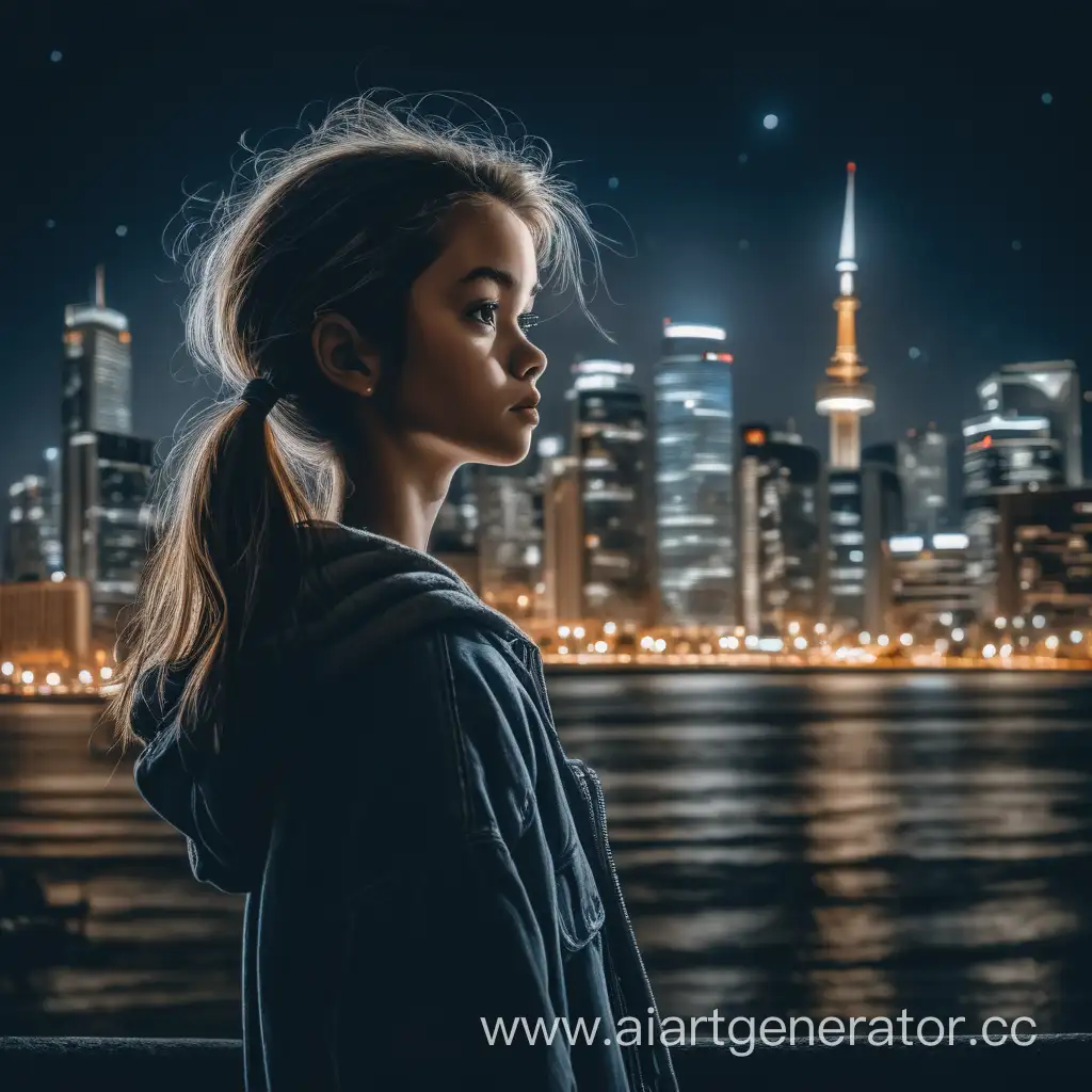 девушка на фоне ночного городского пейзажа