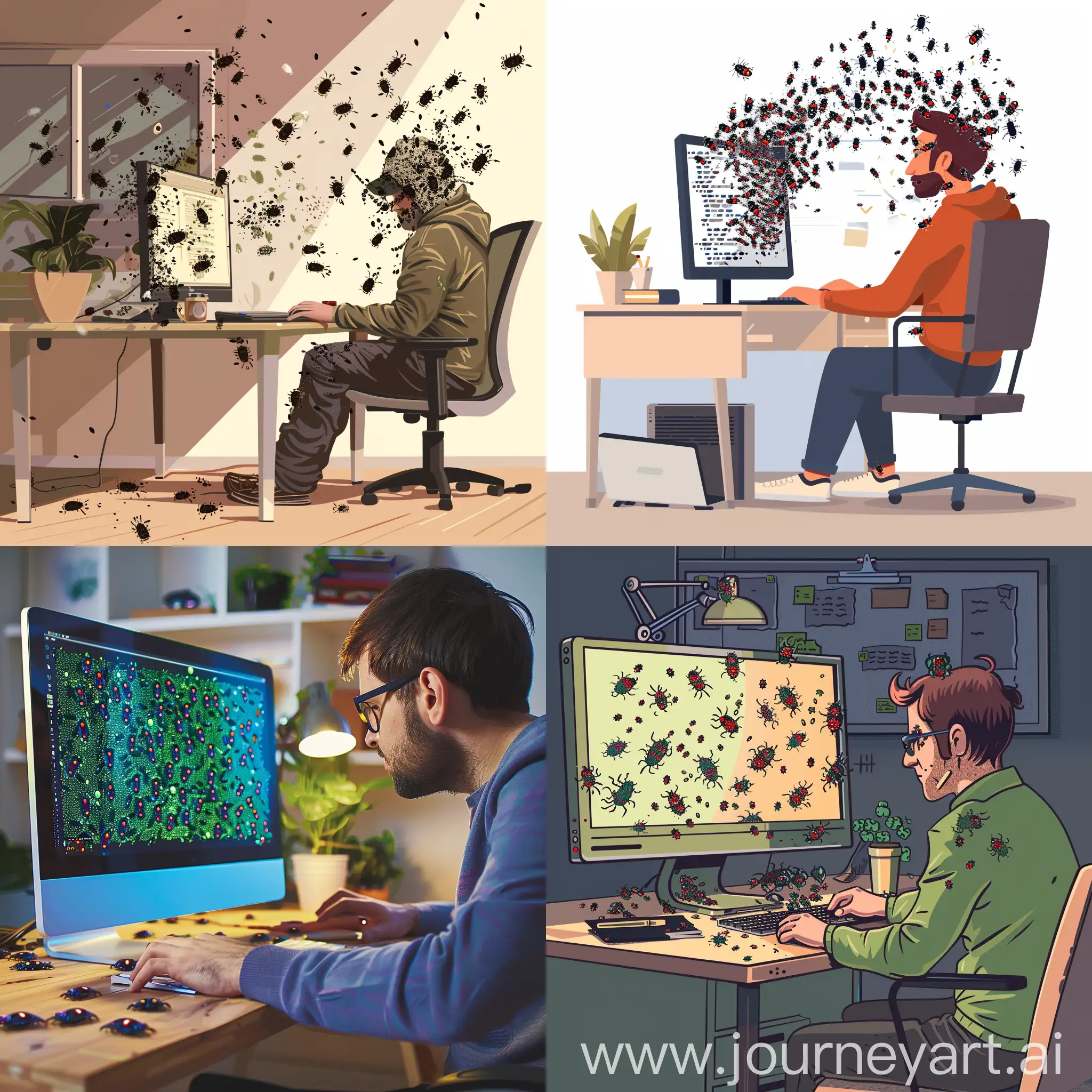 A programmer sitting at a desk with a computer covered in bugs