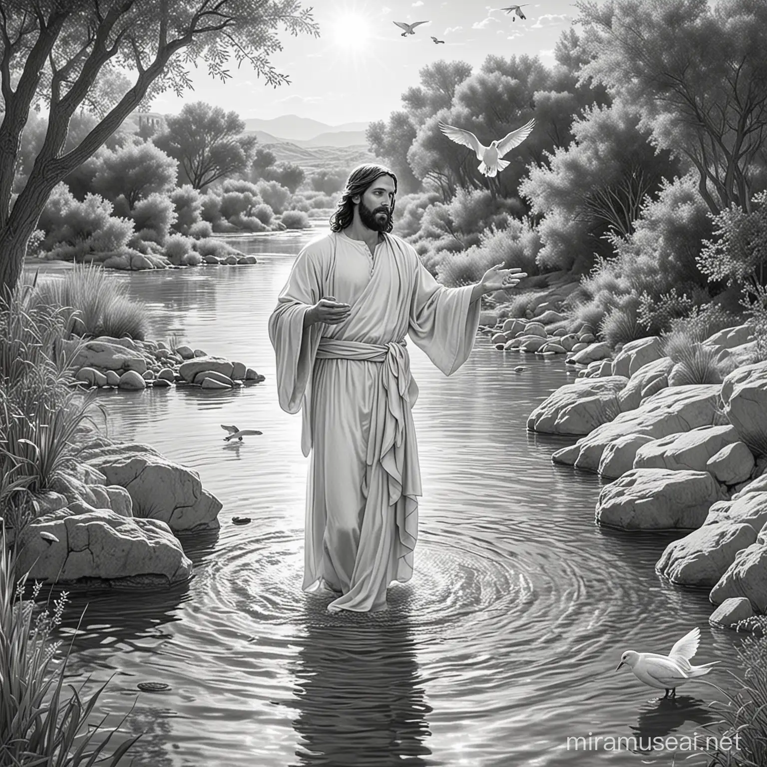 "Create an image suitable for a coloring book depicting the baptism of Christ. Capture the serene moment as Jesus stands in the river Jordan, with John the Baptist pouring water over him, while a dove descends from above. Ensure the scene radiates peace and spiritual significance, inviting children to color it with joy and reverence."

