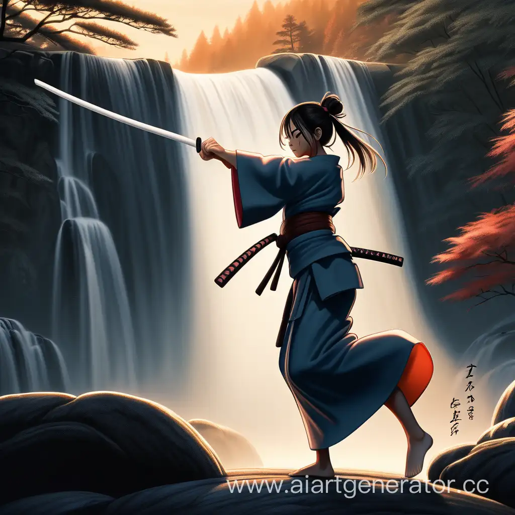 Нарисуй девушку в кимоно (айкидоистку) в позе нападающего с бакеном , в стиле анимации все действия происходят на восходе солнца . Назадне плане лес и водопад. ВСЯ КАРТИНКА В ТЁМНЫХ ТОНАХ.
