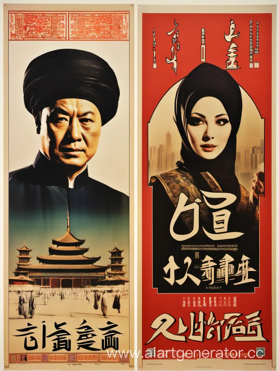 театральная афиша, одна китайская, другая арабская, серия афиш, похожая стилистика