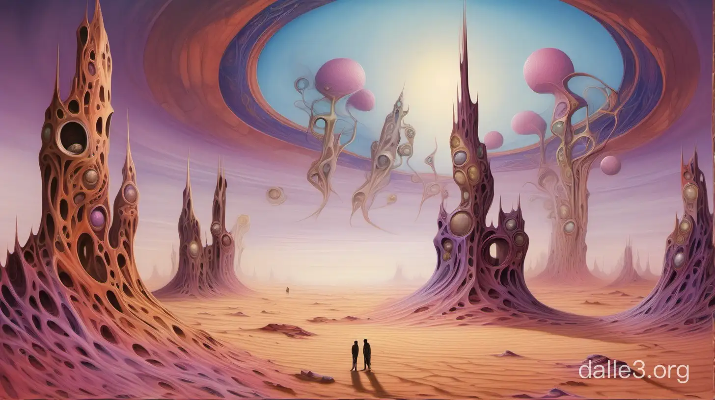  Imagine a vast, undulating desert landscape under a sky swirling with vibrant hues of orange, pink, and purple, reminiscent of a Salvador Dali dreamscape. In the foreground, several melting clocks drape over the uneven surfaces of sand dunes, their forms distorted as if succumbing to the intense heat of this surreal environment. The clocks, with their silver patinas, seem to defy the laws of physics, bending and stretching in ways that challenge the viewer's perception of time and reality.  Further back, towering structures rise from the desert floor. These are not ordinary buildings but surreal towers, their shapes inspired by natural forms yet distorted in impossible ways. One tower twists like a strand of DNA reaching for the heavens, its surface a shimmering mosaic of colors that reflect the surreal sky above. Another resembles a giant tree, its branches and roots woven into the fabric of the desert, creating a labyrinthine structure that invites exploration.  Between these towers, the desert is alive with peculiar details: a staircase that leads nowhere, perched on a dune; a door standing alone, inviting the viewer to step through into another dimension; and scattered throughout the scene, small oases that mirror the sky above, their waters a portal to a tranquil yet equally surreal world.  The entire scene is bathed in the soft, ethereal light of the setting sun, casting long shadows and enhancing the dream-like quality of the landscape. The contrast between the melting clocks, the organic yet impossible architecture of the towers, and the natural beauty of the desert creates a scene that is both disorienting and mesmerizing, inviting the viewer to question the nature of time, reality, and the power of imagination.