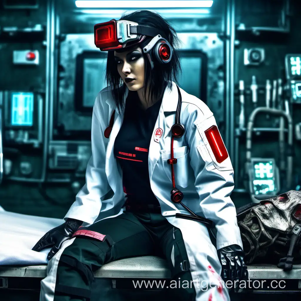 Cyberpunk setting, girl, cyberpunk style helmet with neon visor, black hair, medic girl, black costume, white medical gown on top of clothes, white tactical gloves, black cargo pants, red medical sign on elbow, medical equipment, healing wounded cyberpunk guy