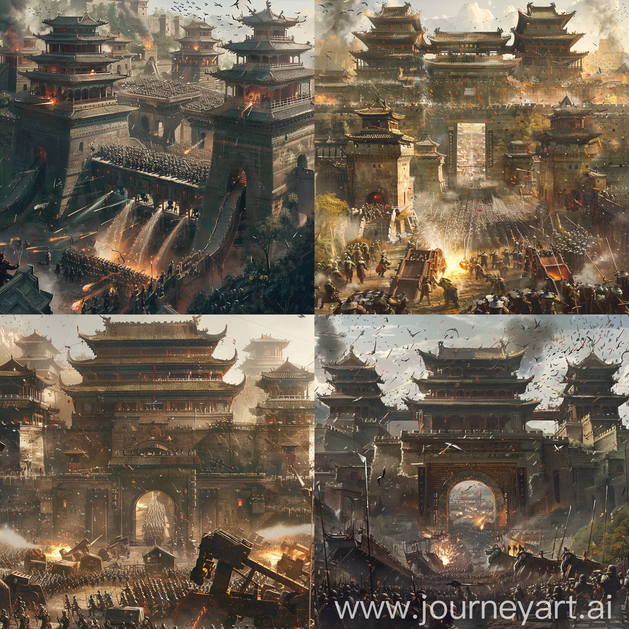 A panoramic view of a massive army storming the heavily fortified gates of a grand Chinese city. Soldiers shower the attackers with arrows and boiling oil from the ramparts. In the foreground, battering rams crash against the gates. The soldiers on both sides wore armor and helmets.