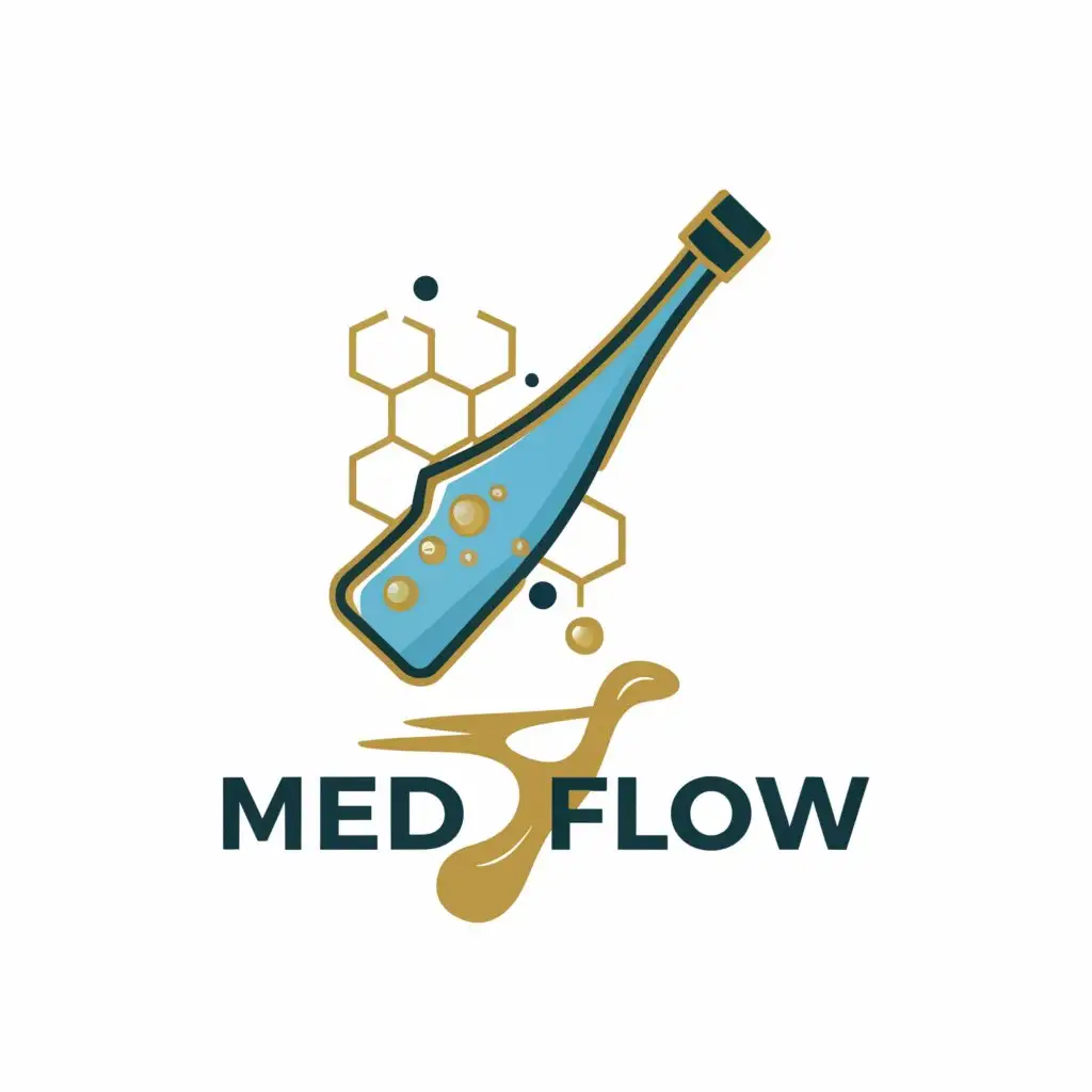 a logo design,with the text "Mead Flow", main symbol:Blue wine-like bottle with a simple golden honeycomb symbol on it, tipped up and to the left at a 45 degree angle, pouring a golden liquid,Minimalistic,be used in Restaurant industry,clear background